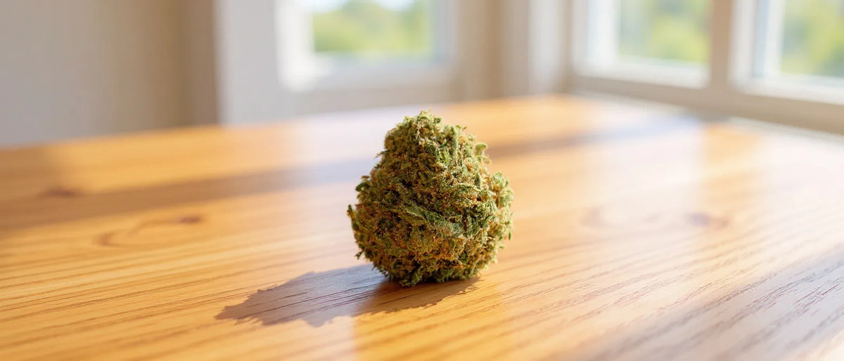 Was ist THC: Hanfblüte auf Holztisch im Tageslicht