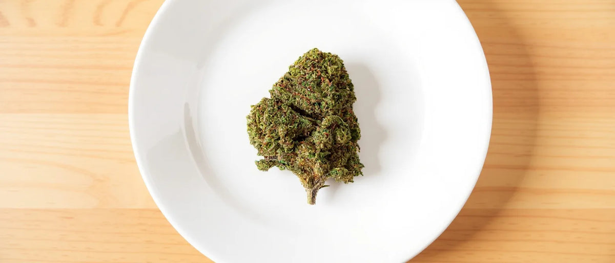 THC-Destillat: grüne Hanfblüte auf weißem Teller