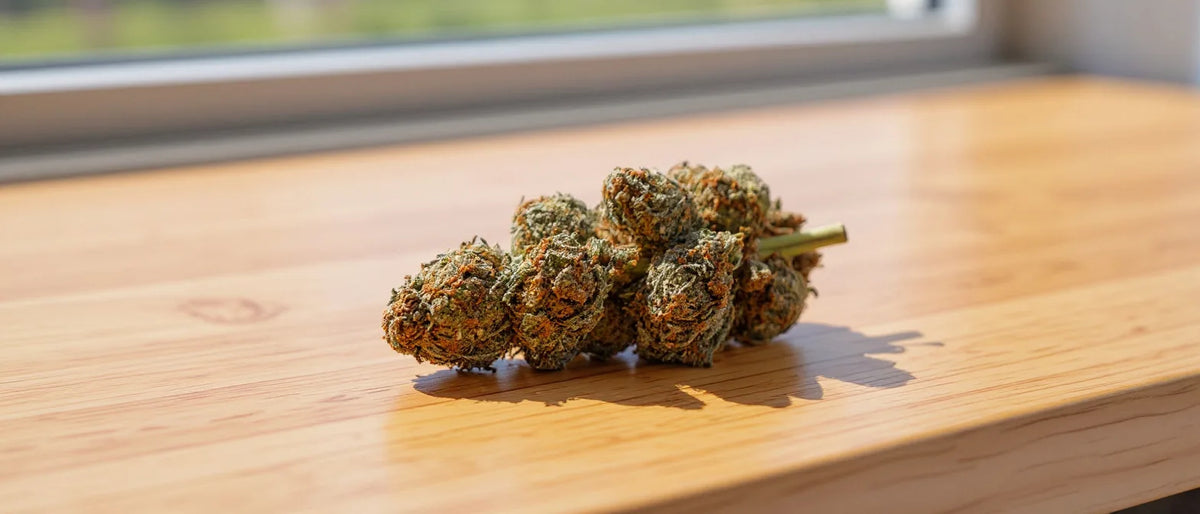 Was ist Delta-8-THC: legale Alternative, Hanfblüte mit Stiel auf Holztisch am Fenster
