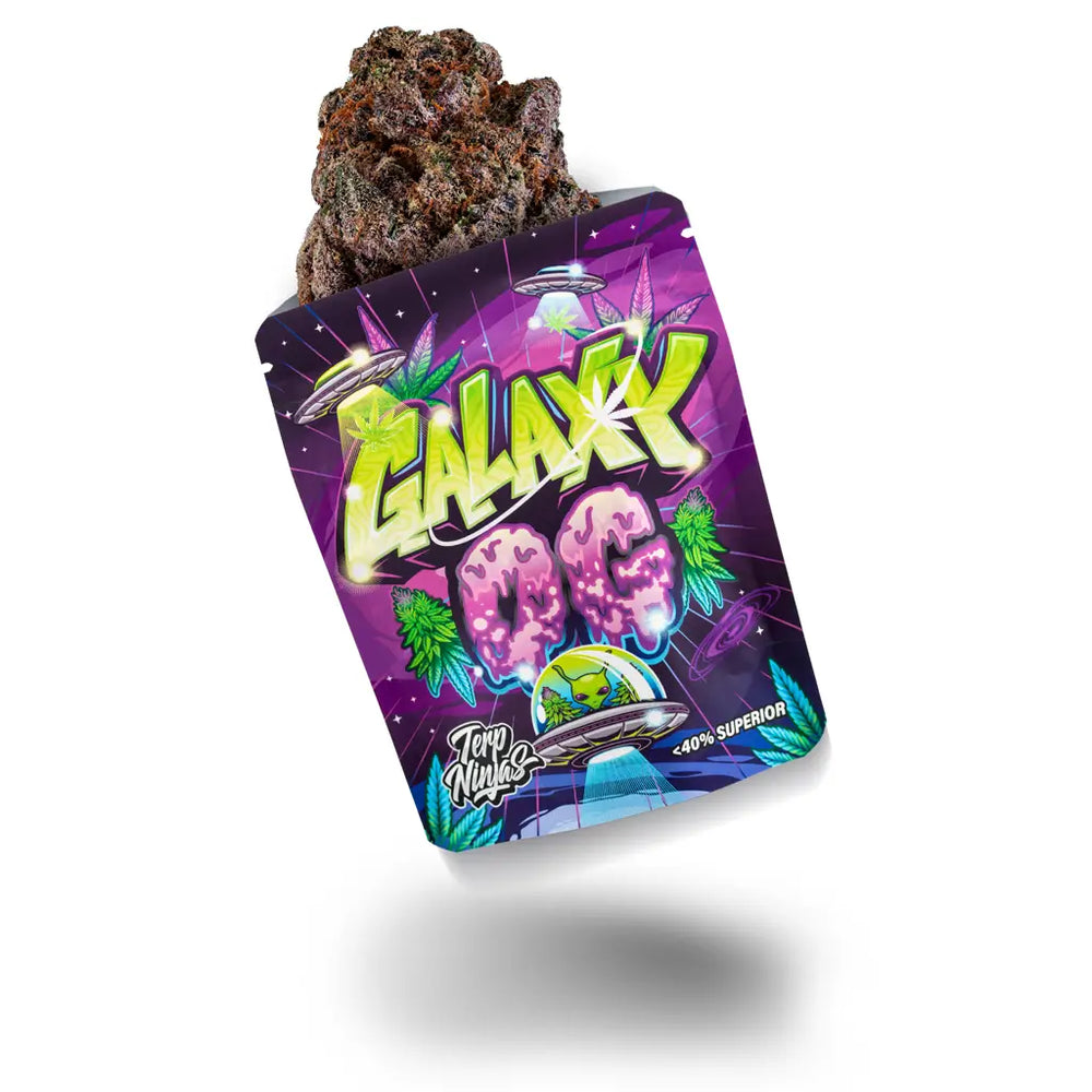 Bunte „Galaxy OG“ Verpackung mit sichtbarer Cannabisblüte und futuristischem Design.