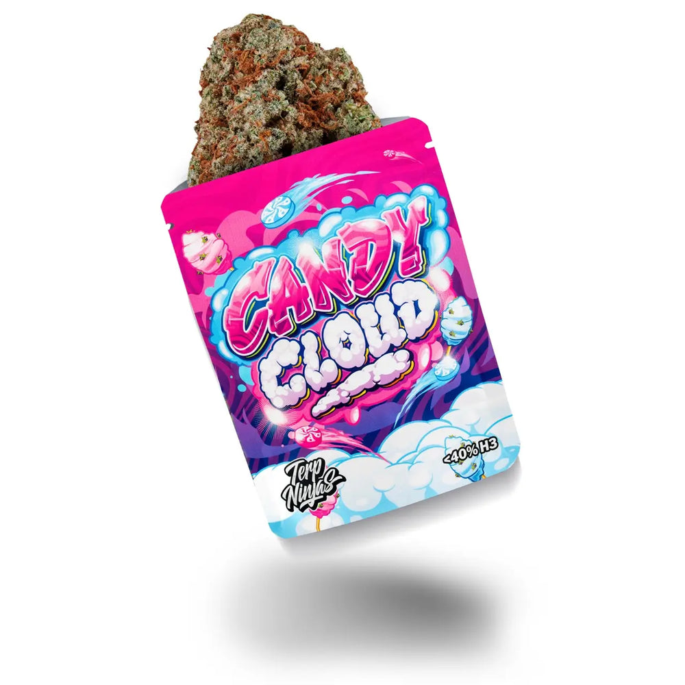 Geöffnete Verpackung mit Blüten der Sorte Candy Cloud