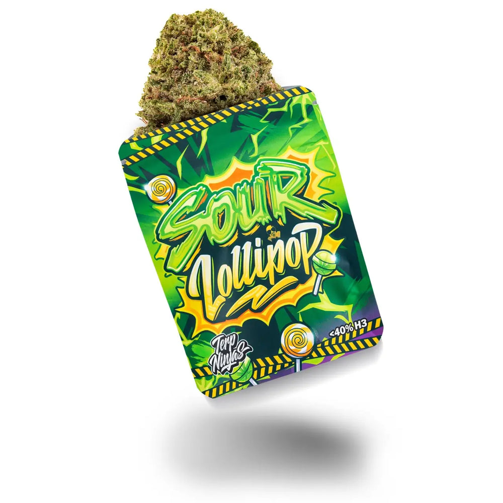 Geöffnete Verpackung mit Blüten der Sorte Sour Lollipop