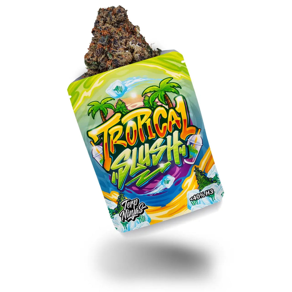 Tropical Slush Markenverpackung, aus der oben eine große, violette Cannabisblüte ragt, auf weißem Hintergrund.