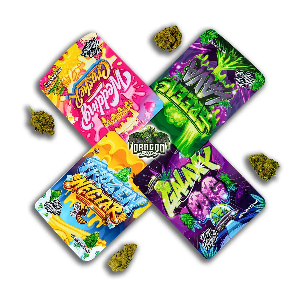 Dragon Buds Probierpaket mit allen vier Blütensorten und Markenlogo