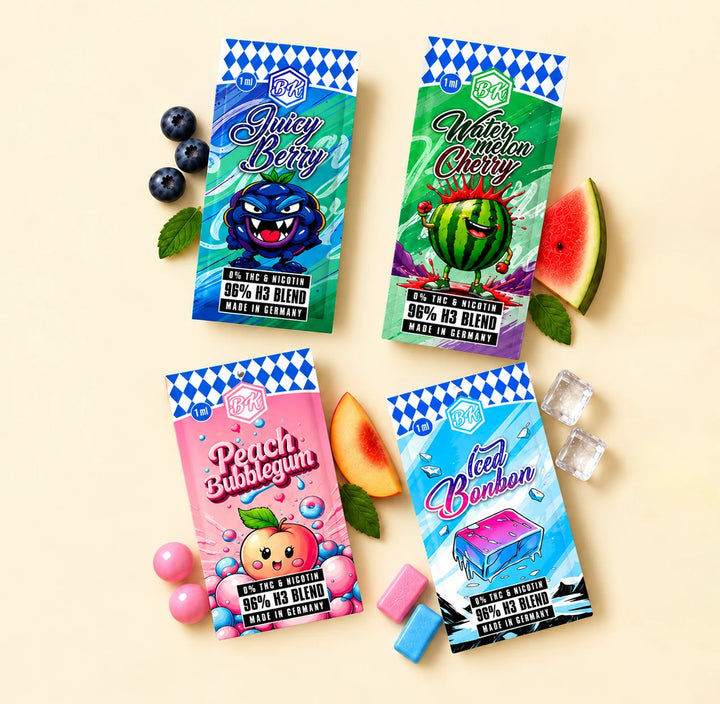 Superior Vape Probierpaket: Juicy Berry, Watermelon Cherry, Peach Bubblegum und Iced Bonbon mit Früchten
